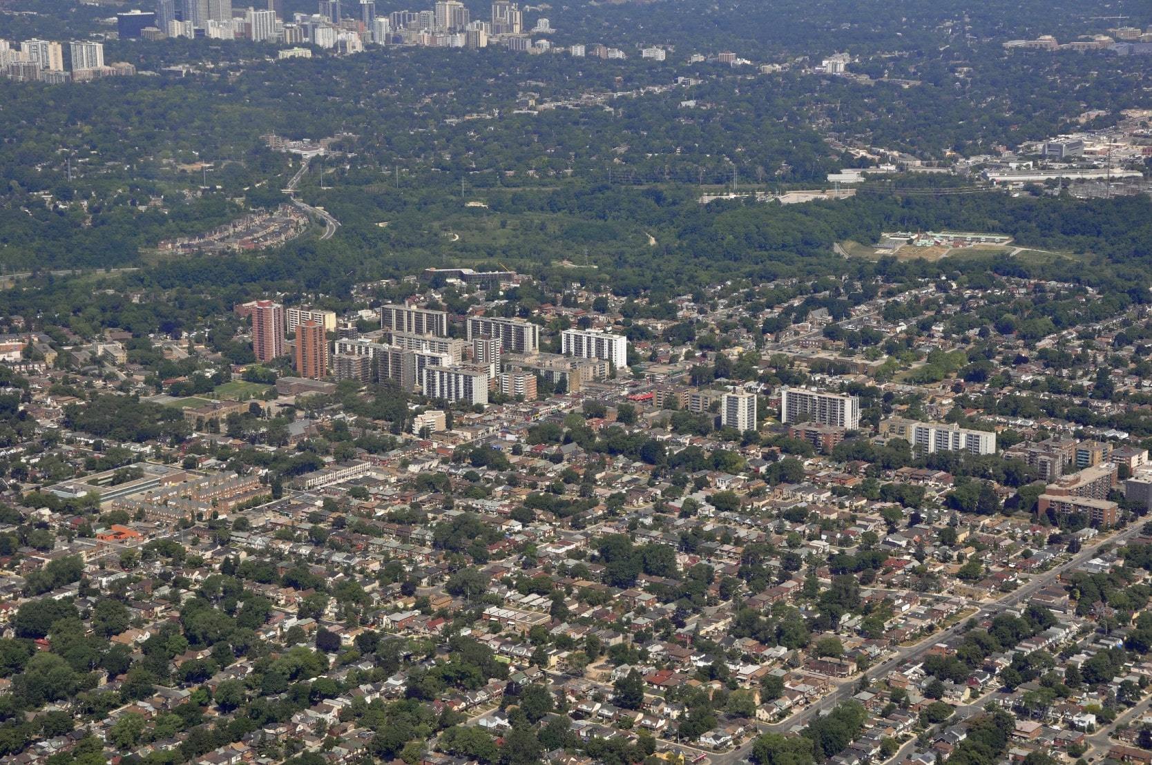 Aerial view of condos and skyline of East York, Ontario